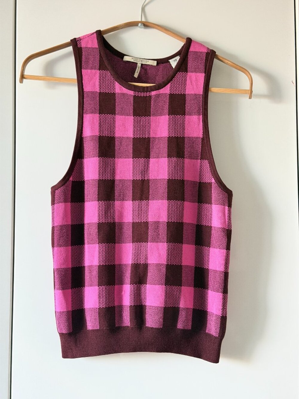 Scotch & Soda Pink Burgundy Checked Knit Sleeveless Top Women's Small